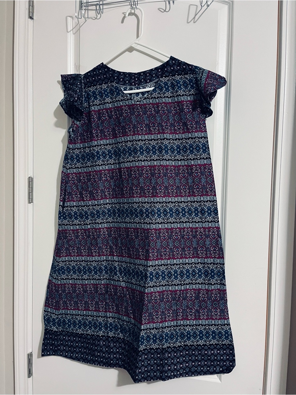 Girls Navy and Purple Patterned Flutter Sleeve Dress